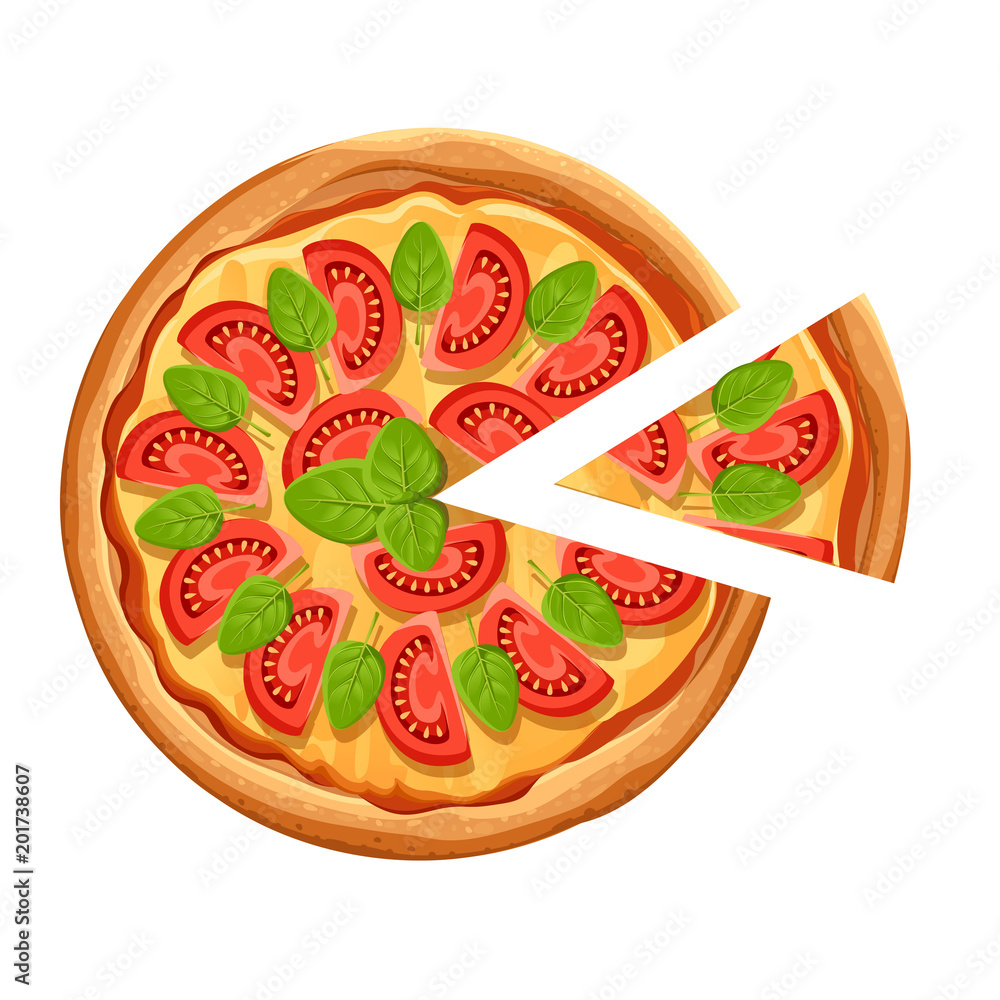 Pizza with slice. Margherita pizza with tomato, cheese, and oregano. Poster for design, restaurant, cafe, pizzeria. Vector illustration isolated with place for your text on white background Pizza with slice. Margherita pizza with tomato, cheese, and oregano. Poster for design, restaurant, cafe, pizzeria. Vector illustration isolated with place for your text on white background