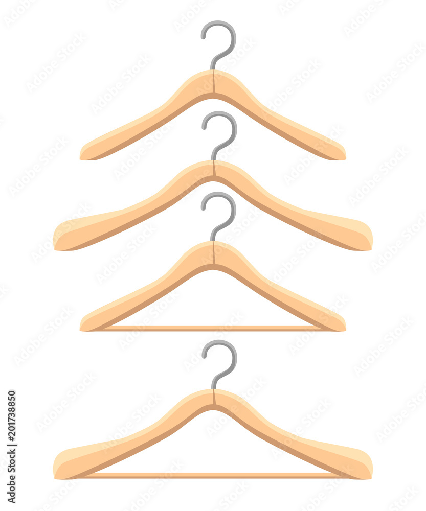 Set of wooden hanger. Four different hangers. Flat style design. Vector illustration isolated on white background. Web site page and mobile app