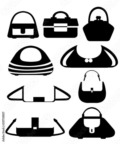 Black silhouette. Set of stylish women's handbags. Collection of handbags of different shapes. Flat style design. Vector illustration isolated on white background. Web site page and mobile app
