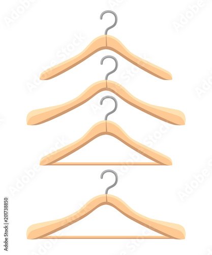 Set of wooden hanger. Four different hangers. Flat style design. Vector illustration isolated on white background. Web site page and mobile app