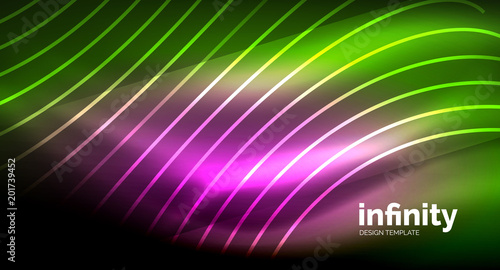 Abstract wave on dark background, shiny glowing neon digital background template