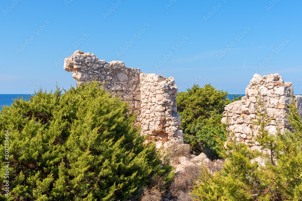 Ancient ruins on Skinari cape in sunny summer day. Zakynthos island, Greece