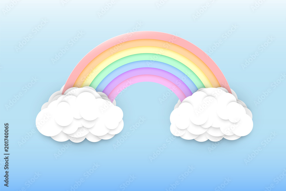 Pastel colors rainbow and clouds on a light blue sky background