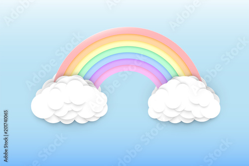 Pastel colors rainbow and clouds on a light blue sky background, colorful rainbow arc in a clear summer sky, paper cut or cartoon style vector illustration