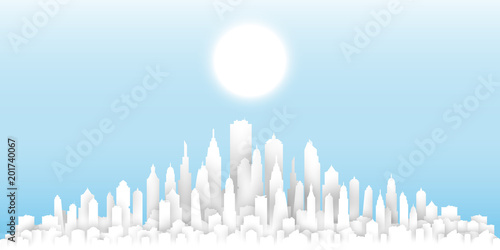 White paper cut sunny day cityscape template, abstract urban landscape, big city skyline concept composed of building and skyscraper silhouettes