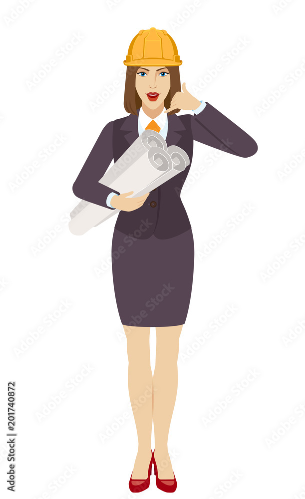 Businesswoman in construction helmet holding the project plans and showing a call me sign Businesswoman in construction helmet holding the project plans and showing a call me sign