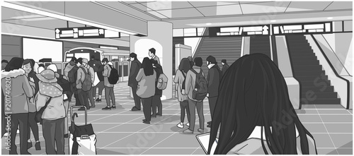 Illustration of busy subway, metro, underground, train station with people waiting, standing in line on platform and boarding car