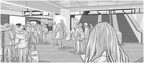 Illustration of busy subway, metro, underground, train station with people waiting, standing in line on platform and boarding car