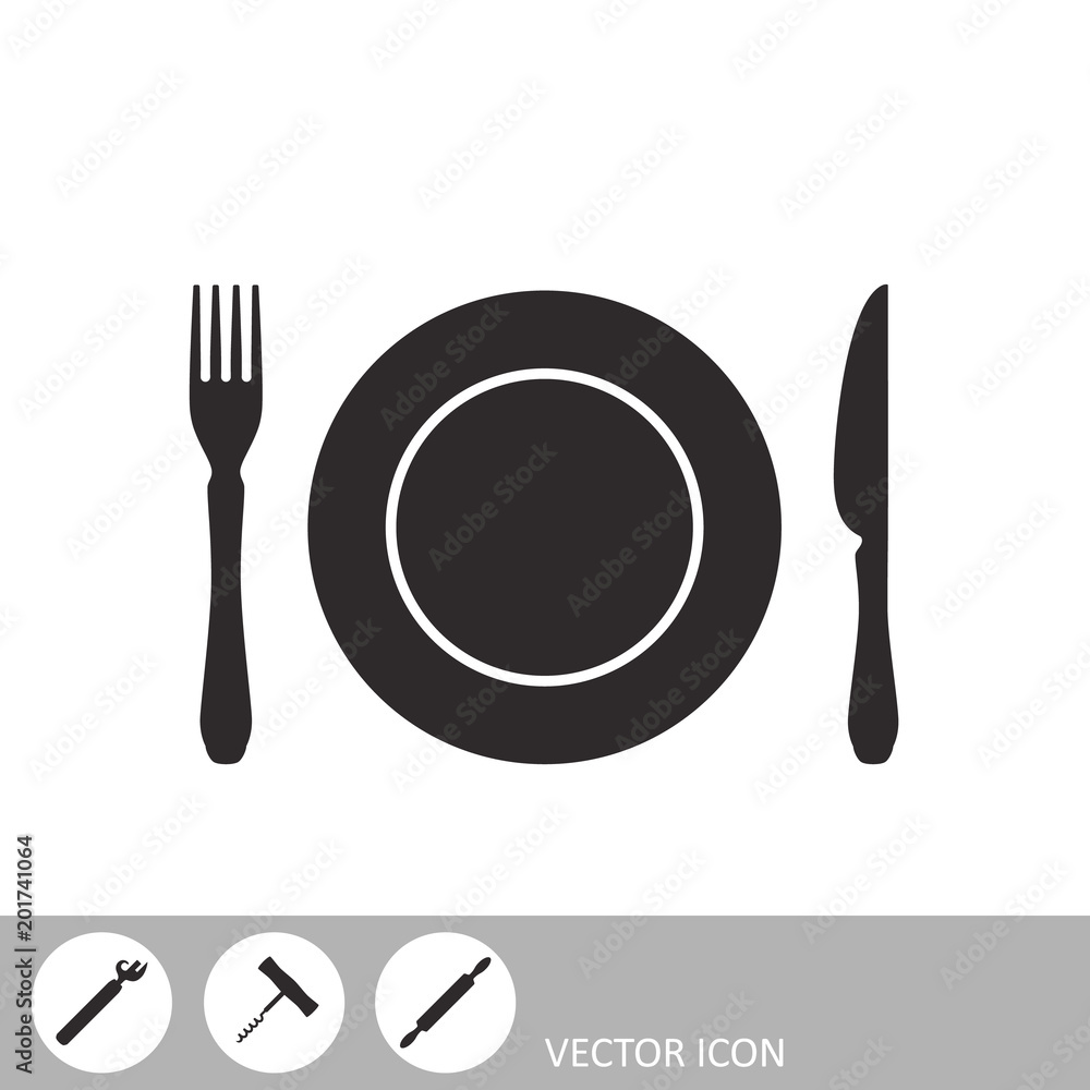 Plate, fork and knife. Cutlery icon. A set of icons in the style of flat design. Plate, fork and knife. Cutlery icon. A set of icons in the style of flat design.