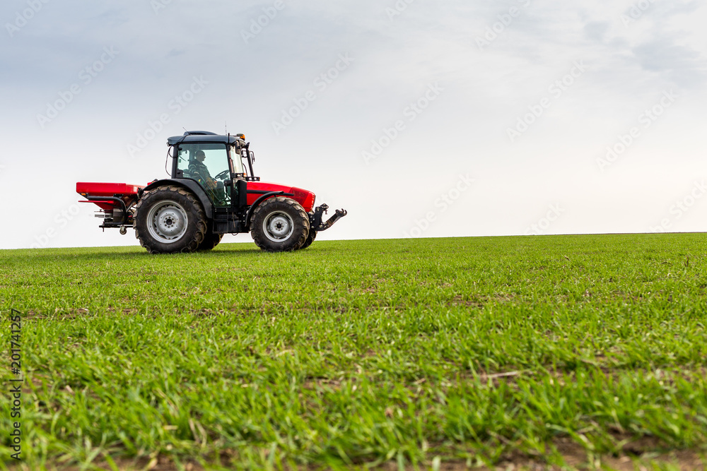 Farmer in tractor fertilizing wheat field at spring with npk Farmer in tractor fertilizing wheat field at spring with npk