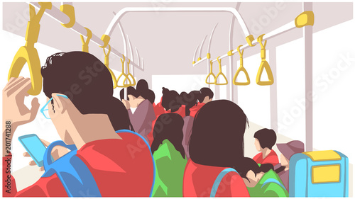 Illustration of people using public transport, bus, train, metro, subway