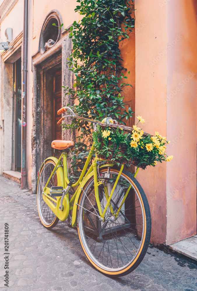 Bicycle parked on the street in Rome, Italy