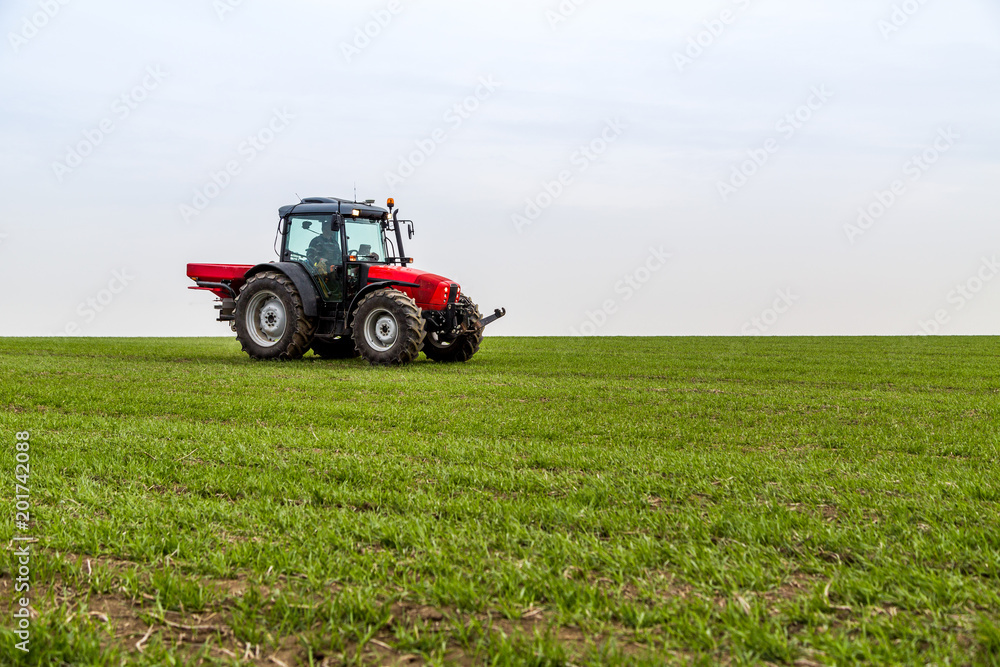 Farmer in tractor fertilizing wheat field at spring with npk Farmer in tractor fertilizing wheat field at spring with npk