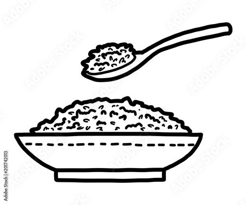 rice dish and spoon / cartoon vector and illustration, black and white, hand drawn, sketch style, isolated on white background.