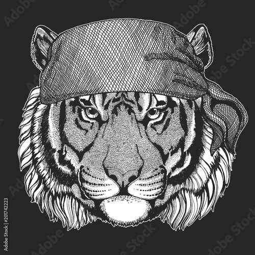 Wild tiger Cool pirate, seaman, seawolf, sailor, biker animal for tattoo, t-shirt, emblem, badge, logo, patch. Image with motorcycle bandana