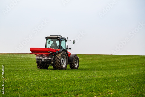 Farmer in tractor fertilizing wheat field at spring with npk