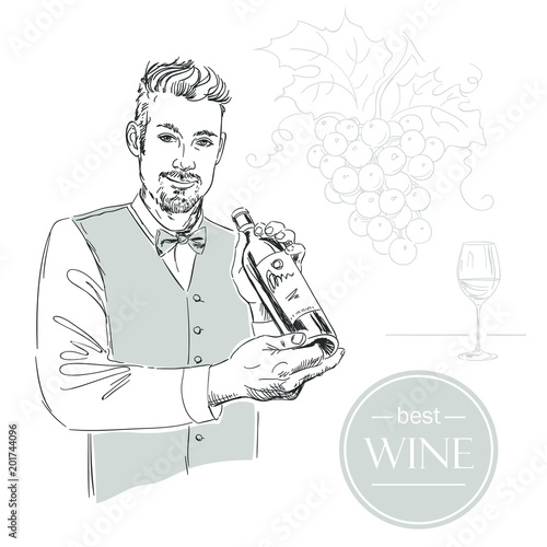 Sommelier, waiter, man holding bottle of wine, tasting wine