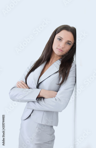 Smiling business woman, Isolated on gray background. crossed arm