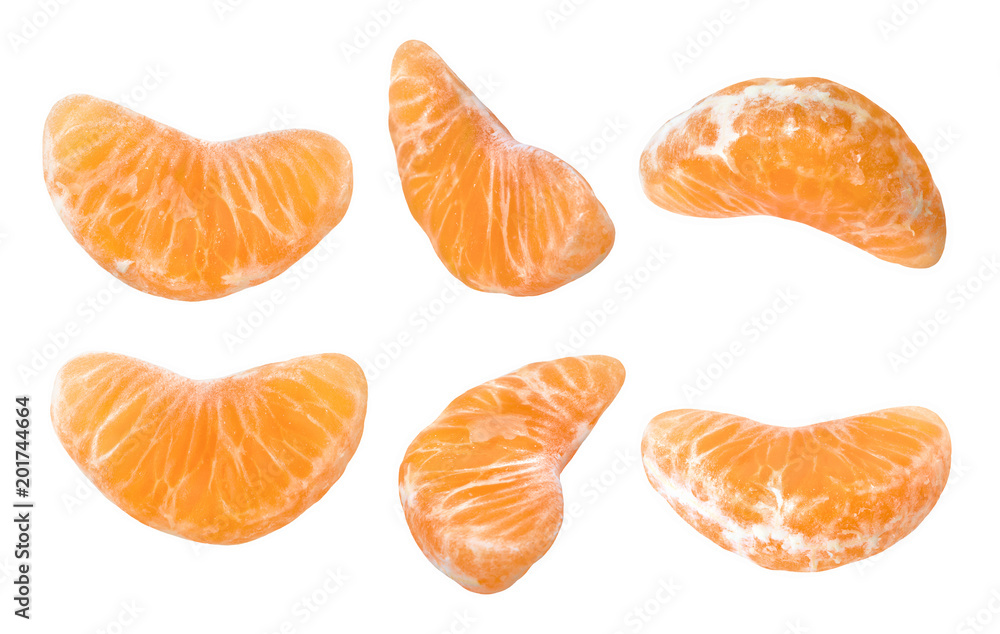 Mandarine slice shot on different point of view. Isolated on white background without shadow. Set of ripe mandarine slice. Closeup shot. Macro photography. Close-up photography of mandarine slice. Mandarine slice shot on different point of view. Isolated on white background without shadow. Set of ripe mandarine slice. Closeup shot. Macro photography. Close-up photography of mandarine slice.