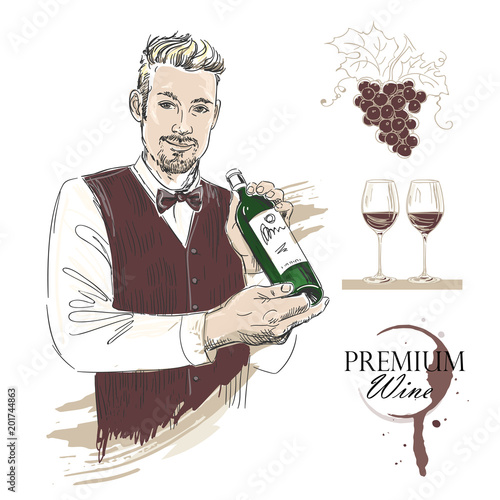 Sommelier, waiter, man holding bottle of wine, tasting wine