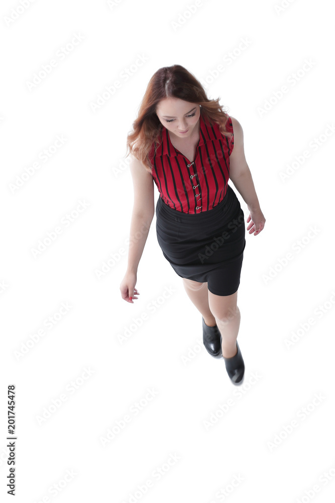 A beautiful woman in red attires takes a step A beautiful woman in red attires takes a step