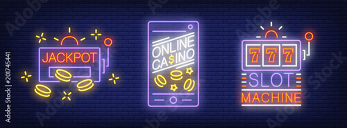 Jackpot, casino online, slot machine neon sign set. Logo collection with phone screen and chips. Night bright advertisements. Vector illustrations for casino