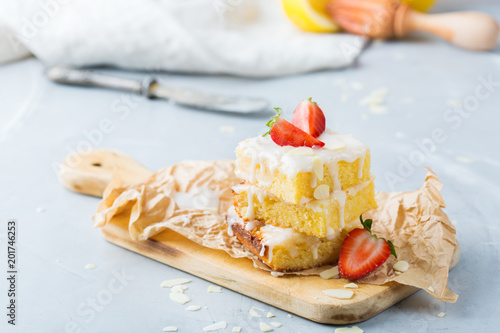 Homemade lemon polenta cookie bars with white icing