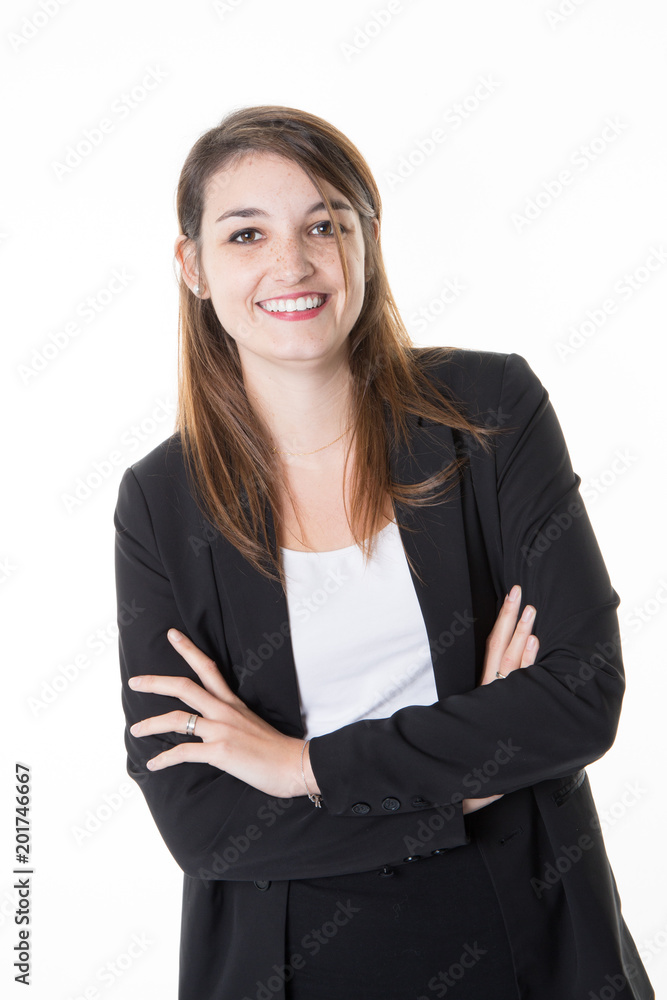 Young brunette businesswoman or student girl looking at camera Crossed arms Young brunette businesswoman or student girl looking at camera Crossed arms