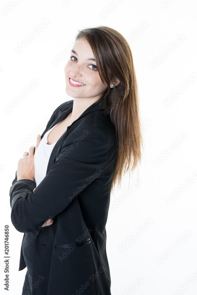 Portrait of young beautiful business woman in the office Crossed arms Portrait of young beautiful business woman in the office Crossed arms