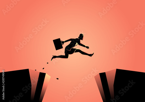 Businesswoman jumps over the ravine