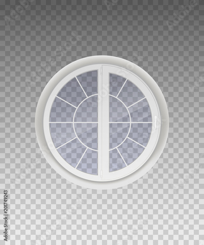 Closed round window with transparent glass in a white frame. Isolated on a transparent background. Vector