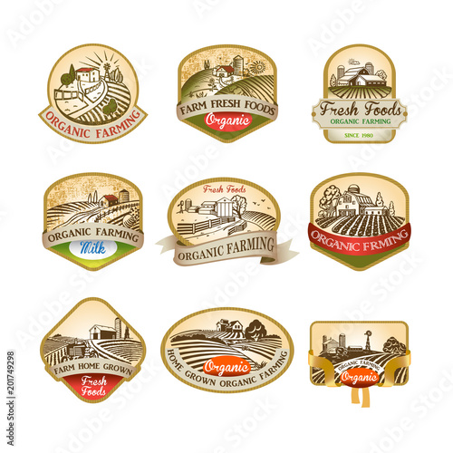 Labels with the image of a farms, fields and pastures.
