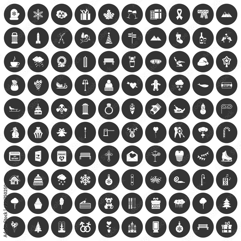 100 winter holidays icons set in simple style white on black circle color isolated on white background vector illustration 100 winter holidays icons set in simple style white on black circle color isolated on white background vector illustration