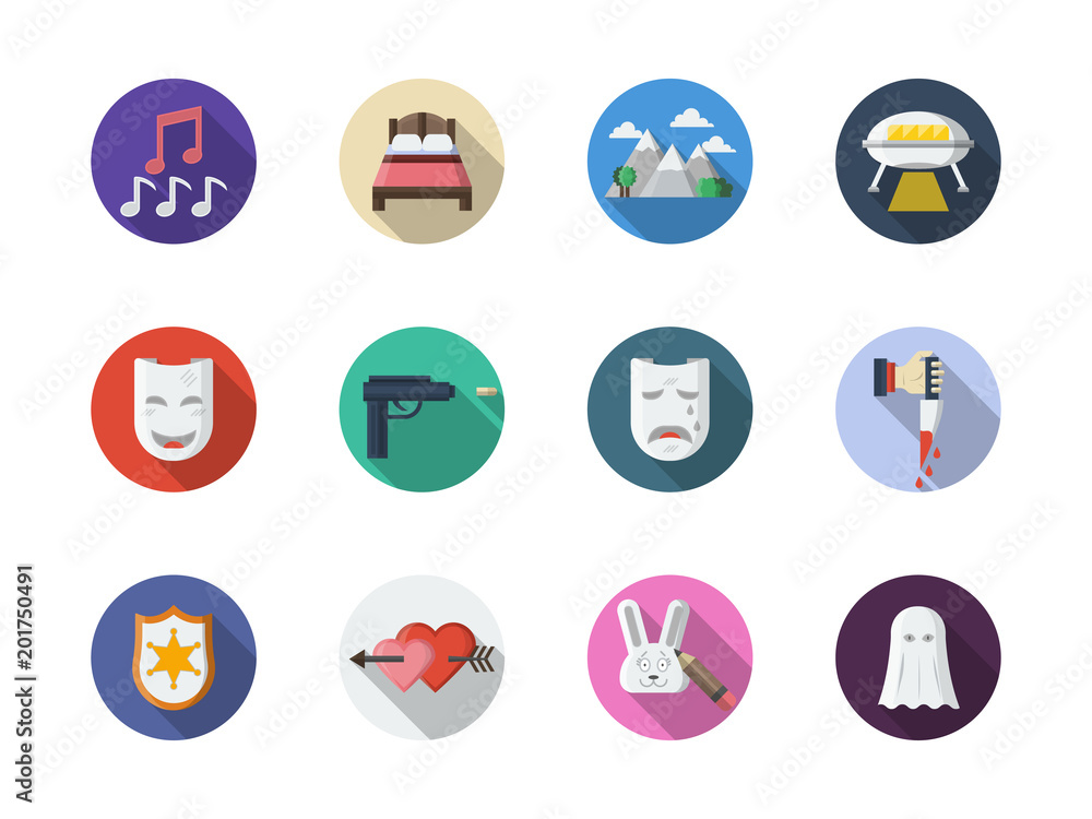 Movie genres flat round color vector icons set