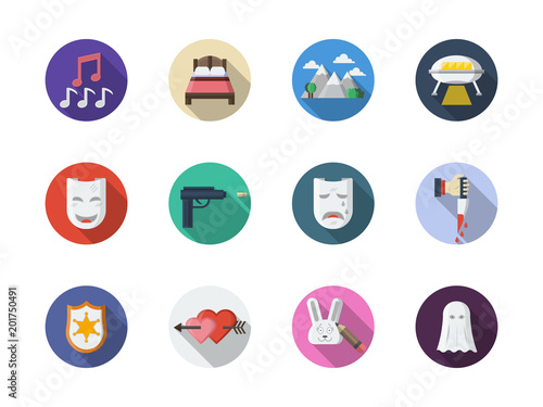 Movie genres flat round color vector icons set