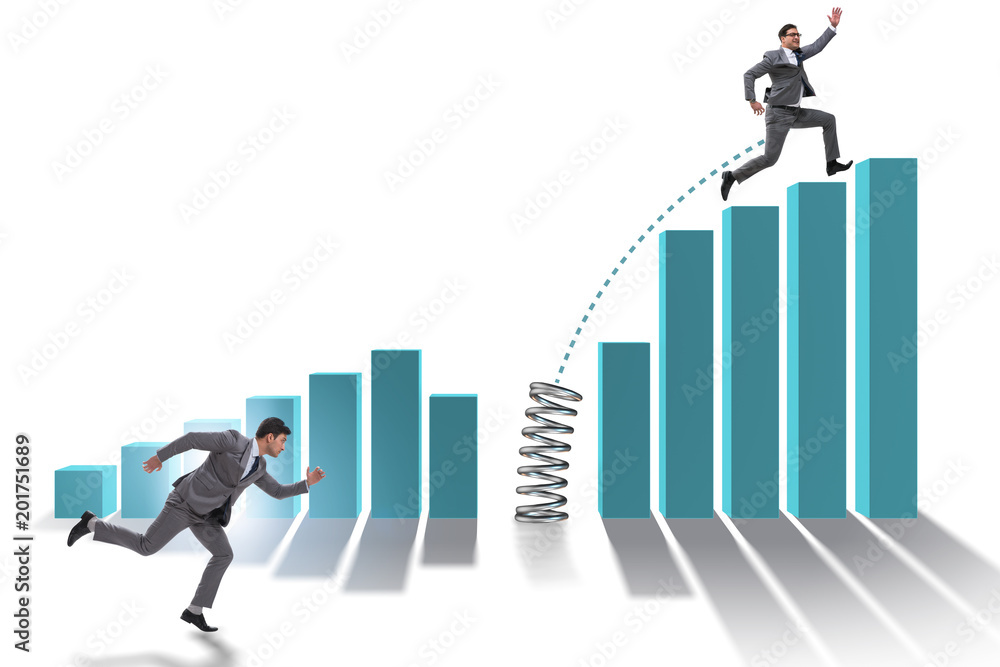 Business people jumping over bar charts Business people jumping over bar charts