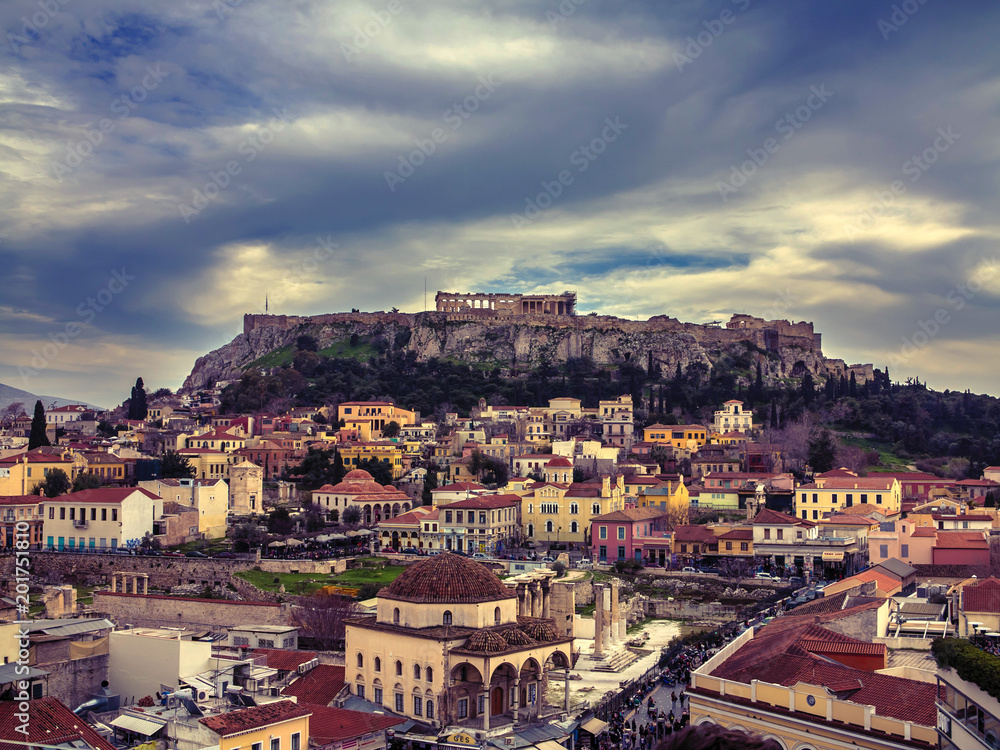 View of Athens city with Lycabettus hill in the background. view of Athens city with Plaka neighborhood