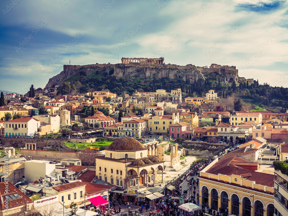  View of Athens city with Lycabettus hill in the background. view of Athens city with Plaka neighborhood