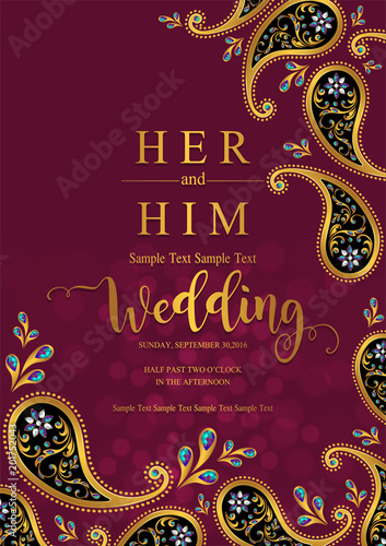 Indian wedding Invitation card templates with gold patterned and crystals on paper color Background.