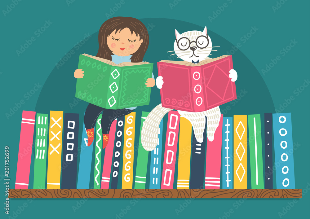 Little girl and white clever cat read books on bookshelf. Different
