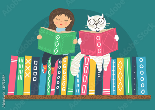 Little girl and white clever cat read books on bookshelf. Different color books with ornament on shelf on teal background. Education vector illustration.