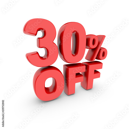 30 percent off promotion. Discount sign. Red text is isolated on white.