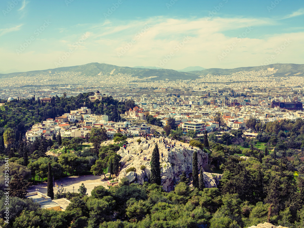 View of Athens city with Lycabettus hill in the background. view of Athens city with Plaka neighborhood