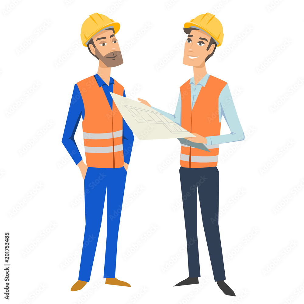 Two full length persons (architect or engineer and foreman or worker) wearing protective uniforms and hardhats, looking at blueprint, holding documents and folder.
