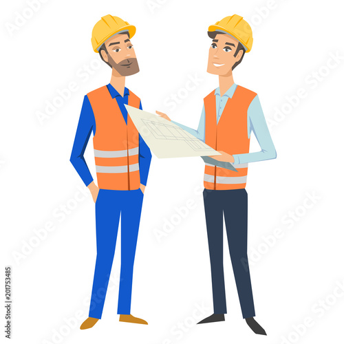 Two full length persons (architect or engineer and foreman or worker) wearing protective uniforms and hardhats, looking at blueprint, holding documents and folder.