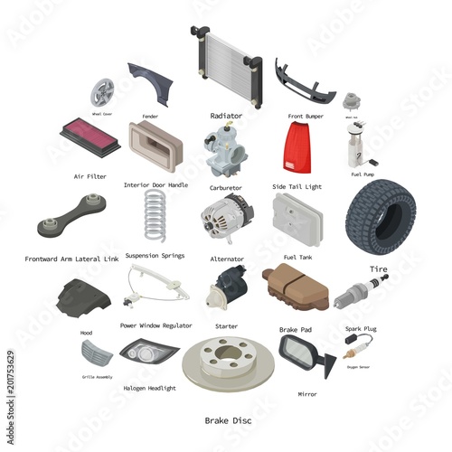 Car parts icons set. Isometric illustration of 25 car parts vector icons for web