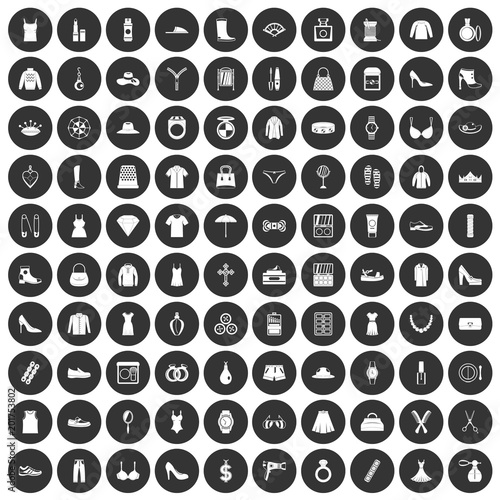 100 womens accessories icons set in simple style white on black circle color isolated on white background vector illustration