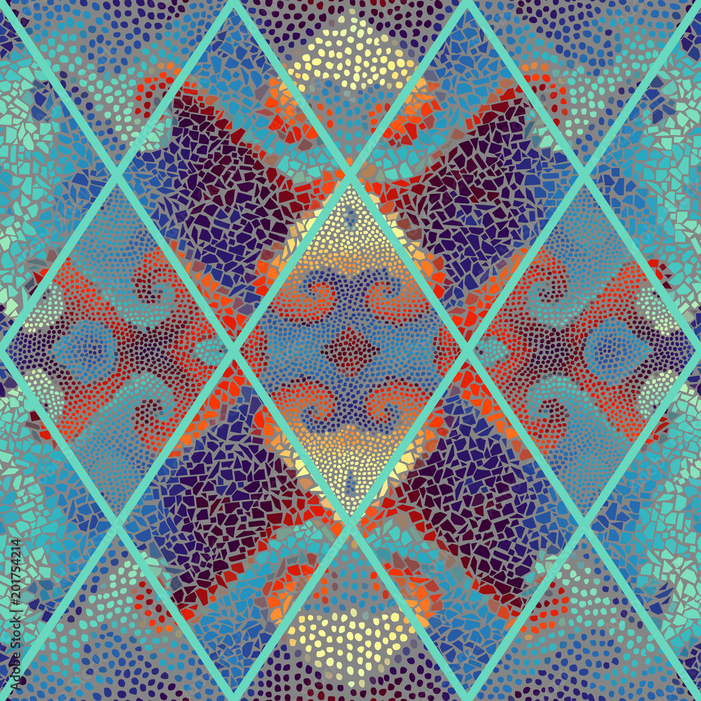 Seamless background pattern. Mosaic art pattern of rhombuses of different tile textures. Seamless background pattern. Mosaic art pattern of rhombuses of different tile textures.