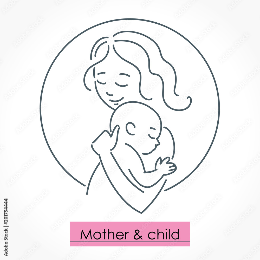Mother with child. Line art icon, logo, sign. Isolated vector illustration.
