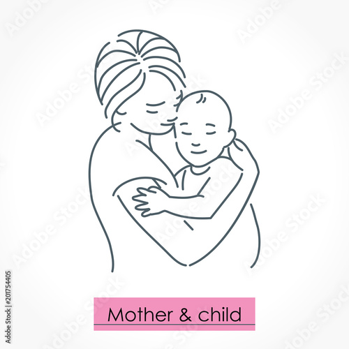 Mother with child. Line art icon, logo, sign. Isolated vector illustration.